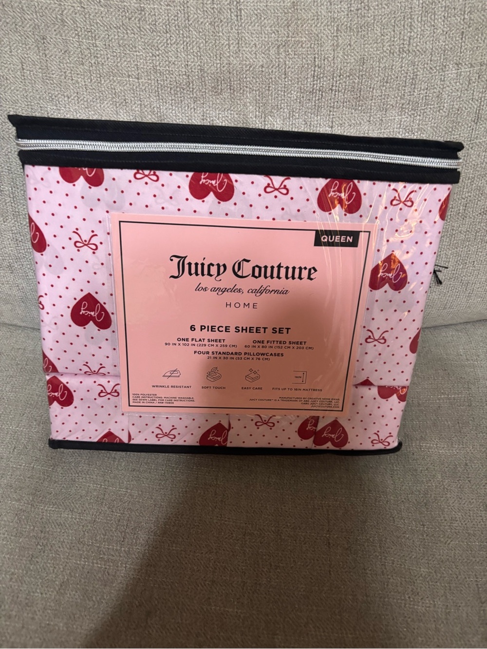 Juicy Couture Pink and Red Heart 6-Piece Sheet Set - Queen